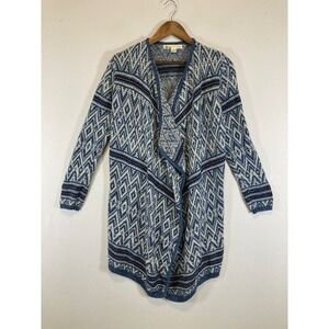 Boho Southwestern Kaisely Women Large Blue Geometric Knit Draped Open Cardigan